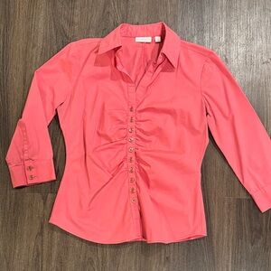 Women's Peach Coral Pink Button-Up Blouse Ruched